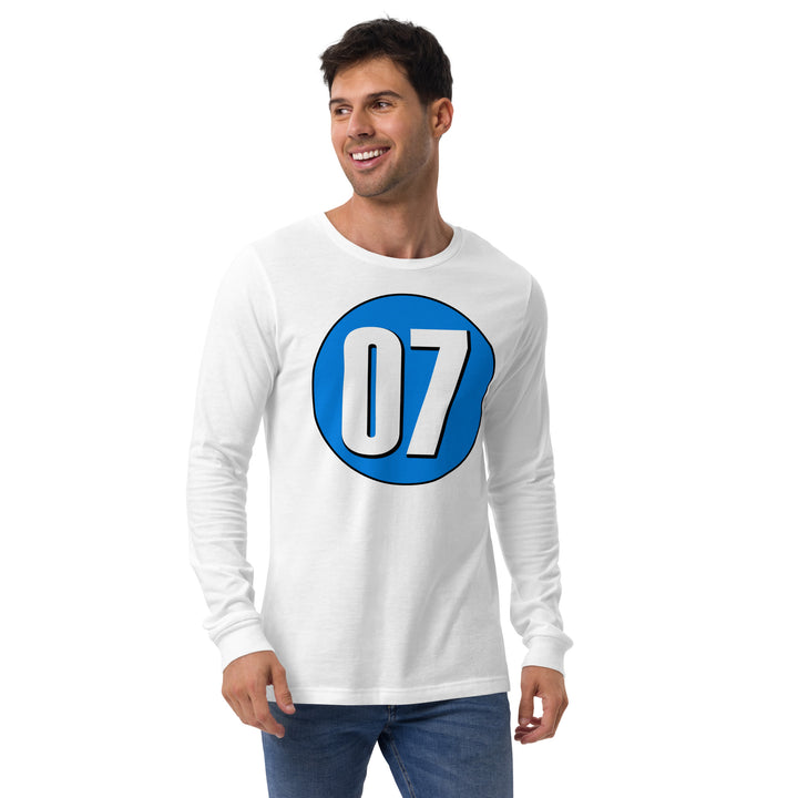 Unisex Long Sleeve Tee: White on Blue 07