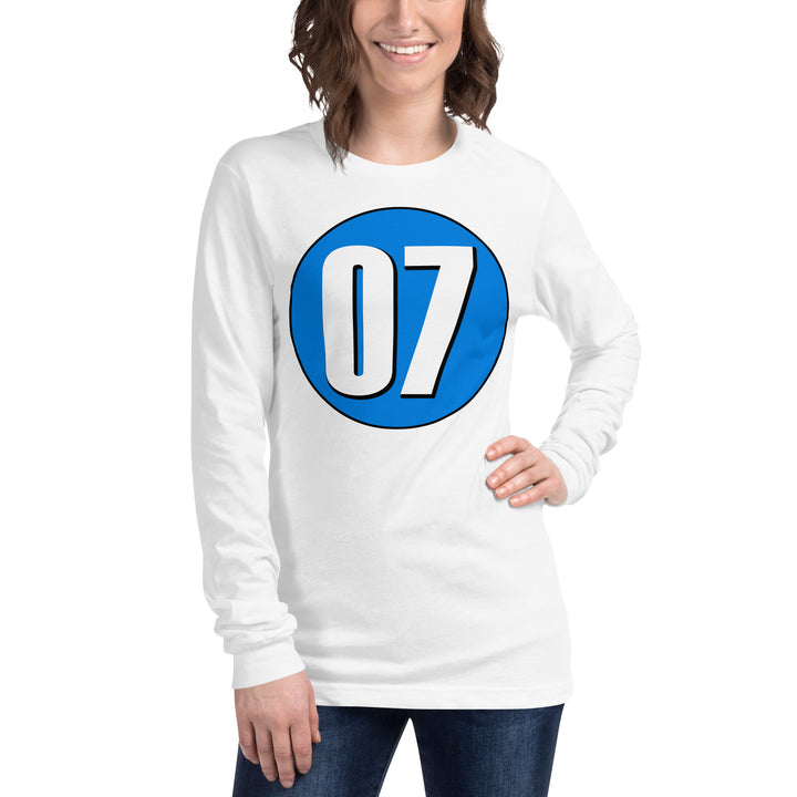 Unisex Long Sleeve Tee: White on Blue 07