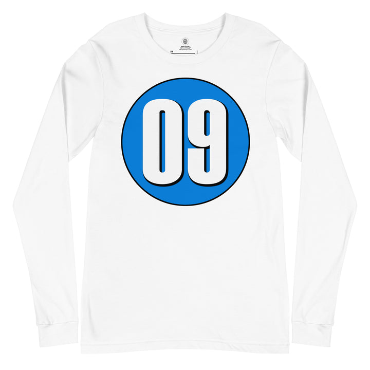 Unisex Long Sleeve Tee: White on Blue 09