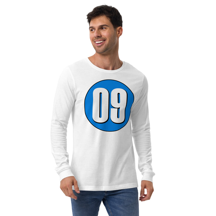 Unisex Long Sleeve Tee: White on Blue 09