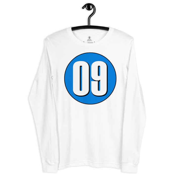 Unisex Long Sleeve Tee: White on Blue 09