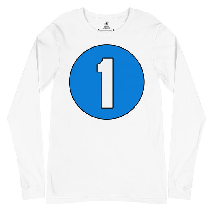 Unisex Long Sleeve Tee: White on Blue 1