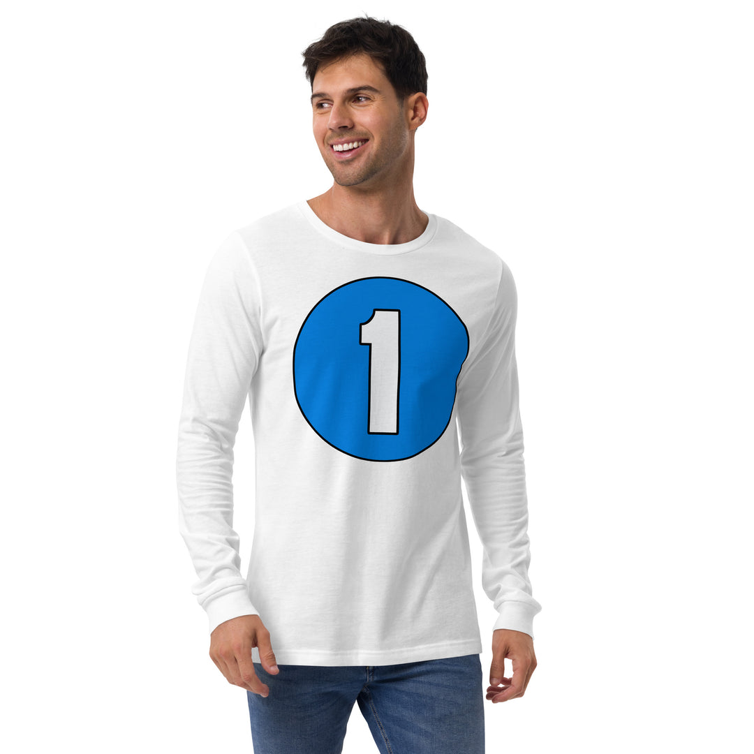 Unisex Long Sleeve Tee: White on Blue 1