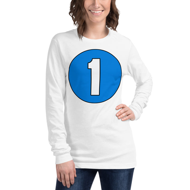 Unisex Long Sleeve Tee: White on Blue 1