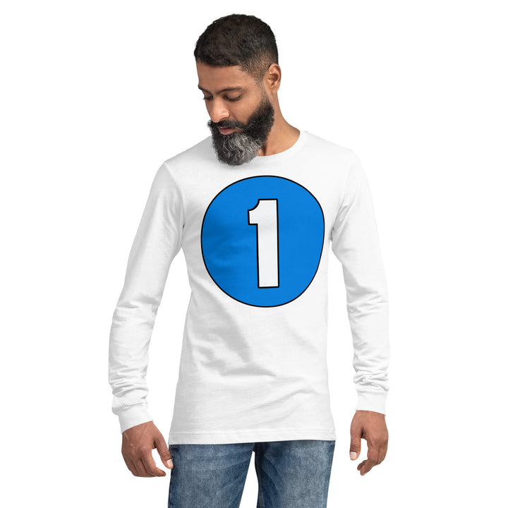 Unisex Long Sleeve Tee: White on Blue 1