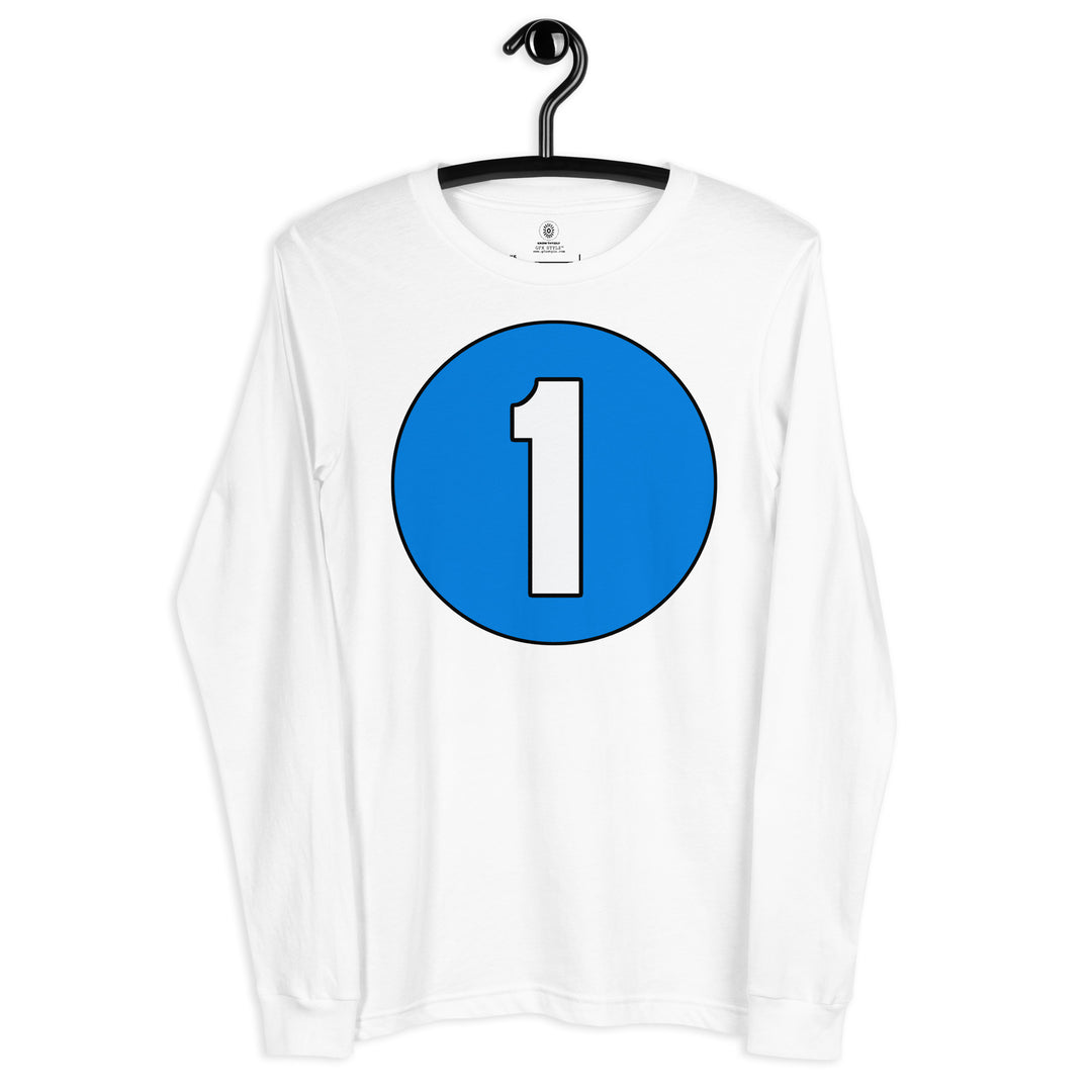 Unisex Long Sleeve Tee: White on Blue 1