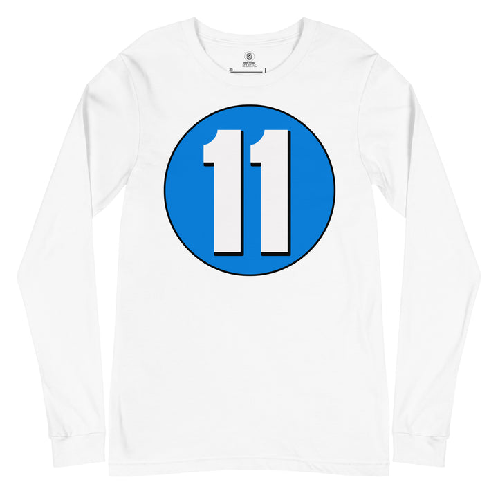 Unisex Long Sleeve Tee: White on Blue 11