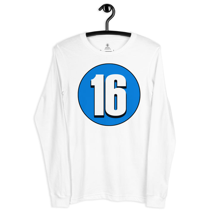 Unisex Long Sleeve Tee: White on Blue 16