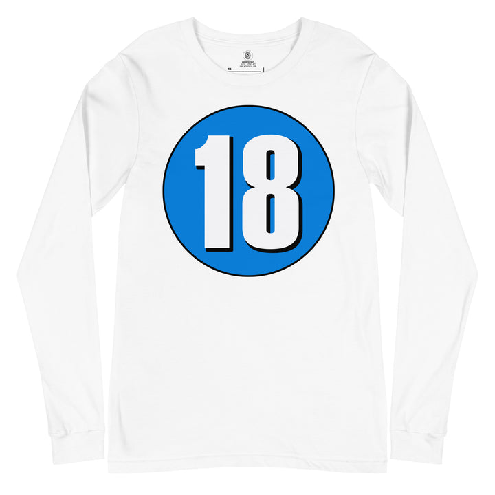 Unisex Long Sleeve Tee: White on Blue 18