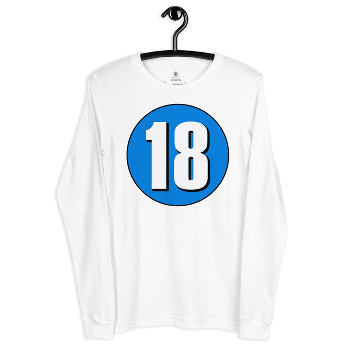 Unisex Long Sleeve Tee: White on Blue 18