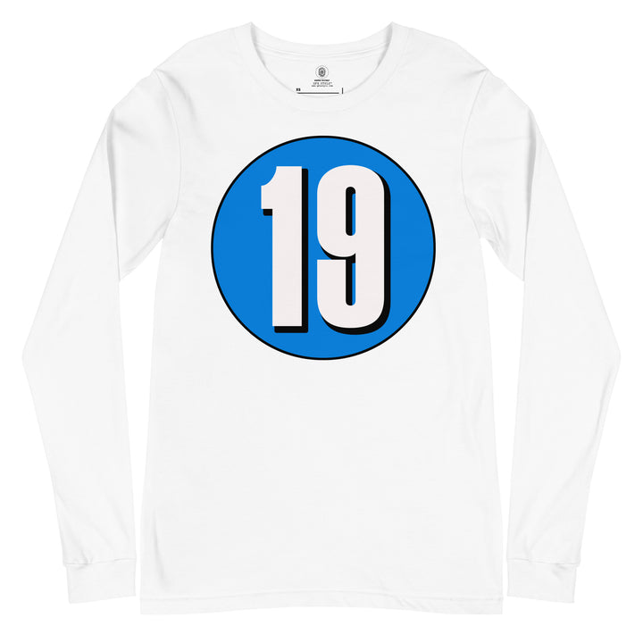 Unisex Long Sleeve Tee: White on Blue 19