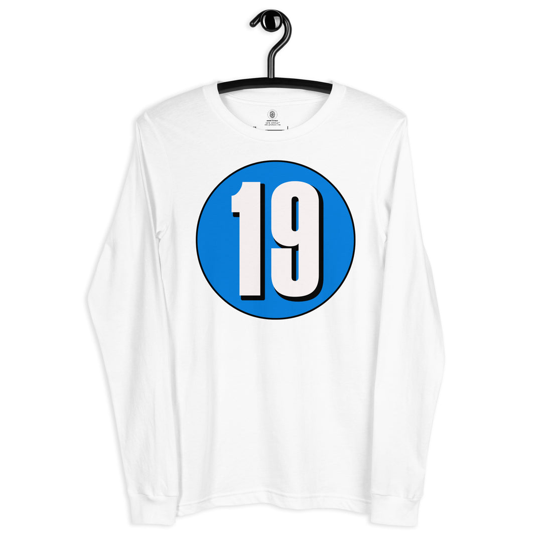 Unisex Long Sleeve Tee: White on Blue 19