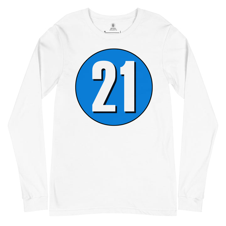 Unisex Long Sleeve Tee: White on Blue 21