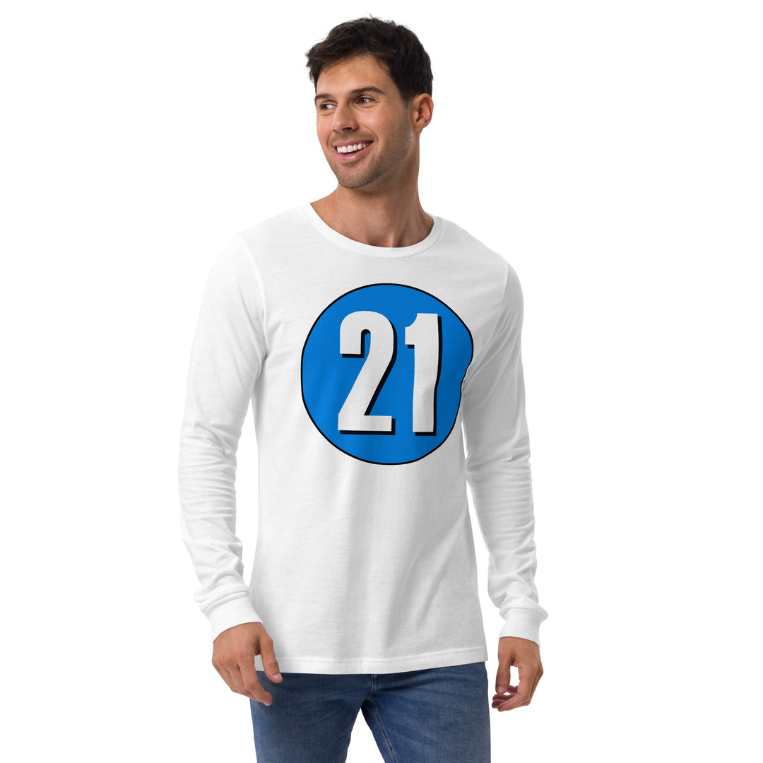 Unisex Long Sleeve Tee: White on Blue 21