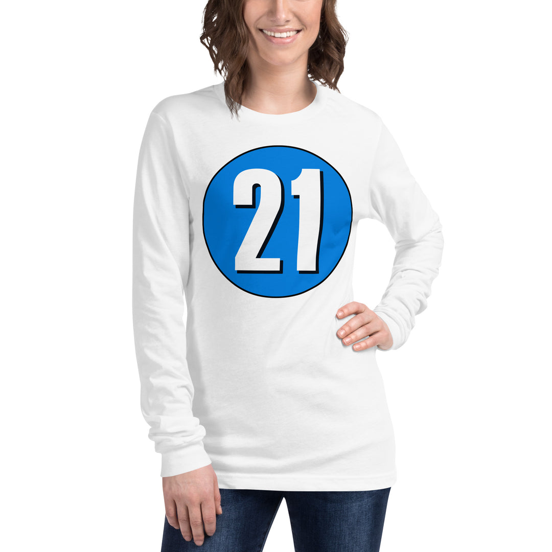 Unisex Long Sleeve Tee: White on Blue 21