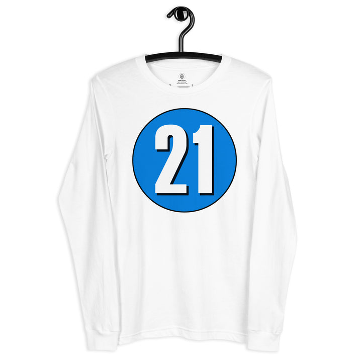 Unisex Long Sleeve Tee: White on Blue 21