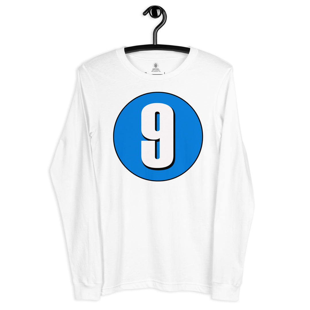 Unisex Long Sleeve Tee: White on Blue 9