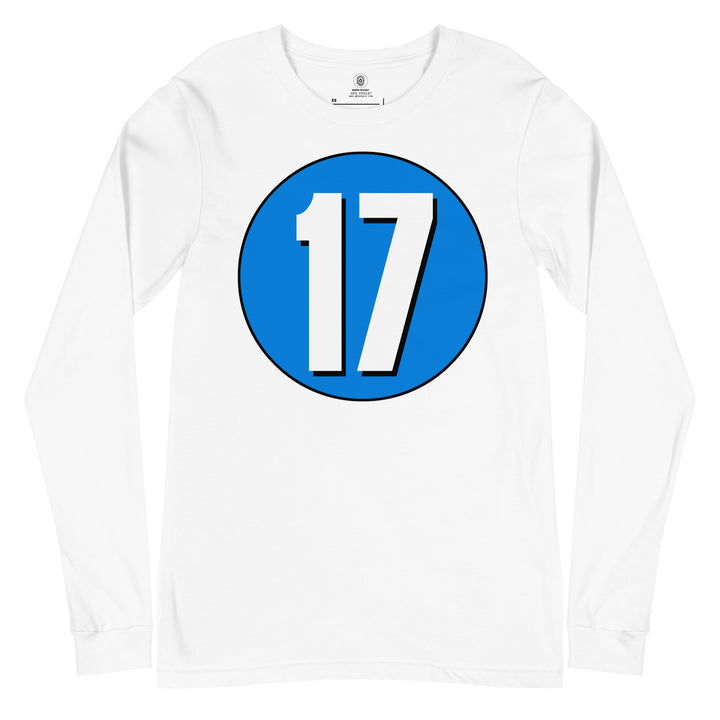 Unisex Long Sleeve Tee: White on Blue 17