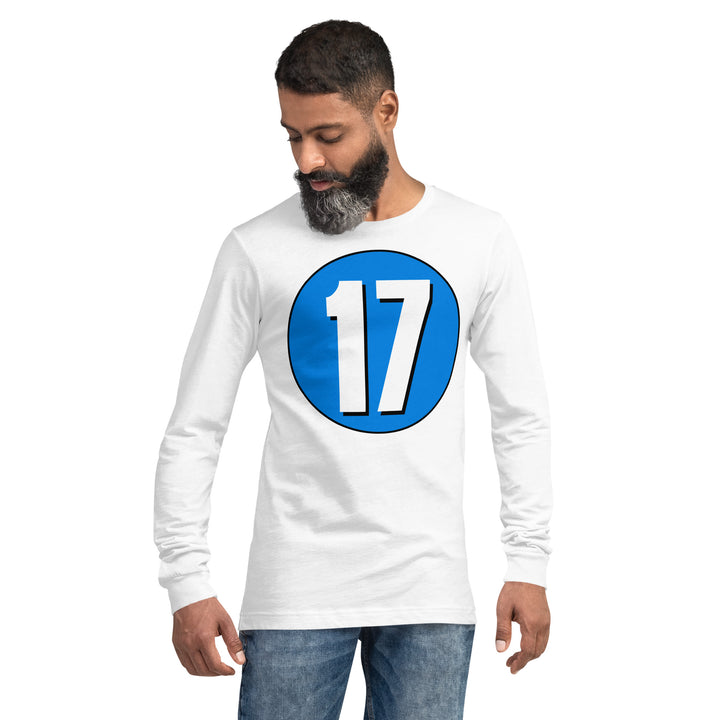 Unisex Long Sleeve Tee: White on Blue 17