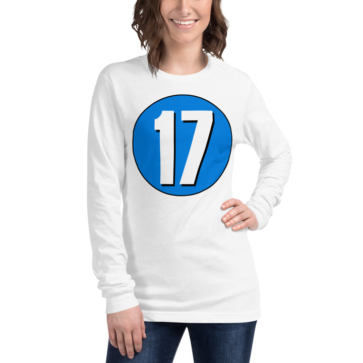 Unisex Long Sleeve Tee: White on Blue 17