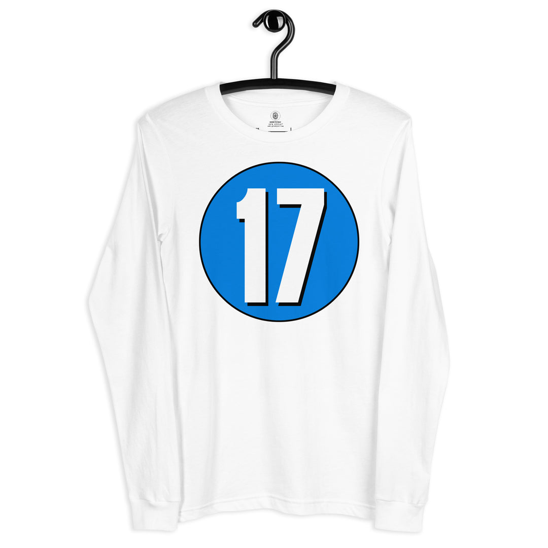 Unisex Long Sleeve Tee: White on Blue 17