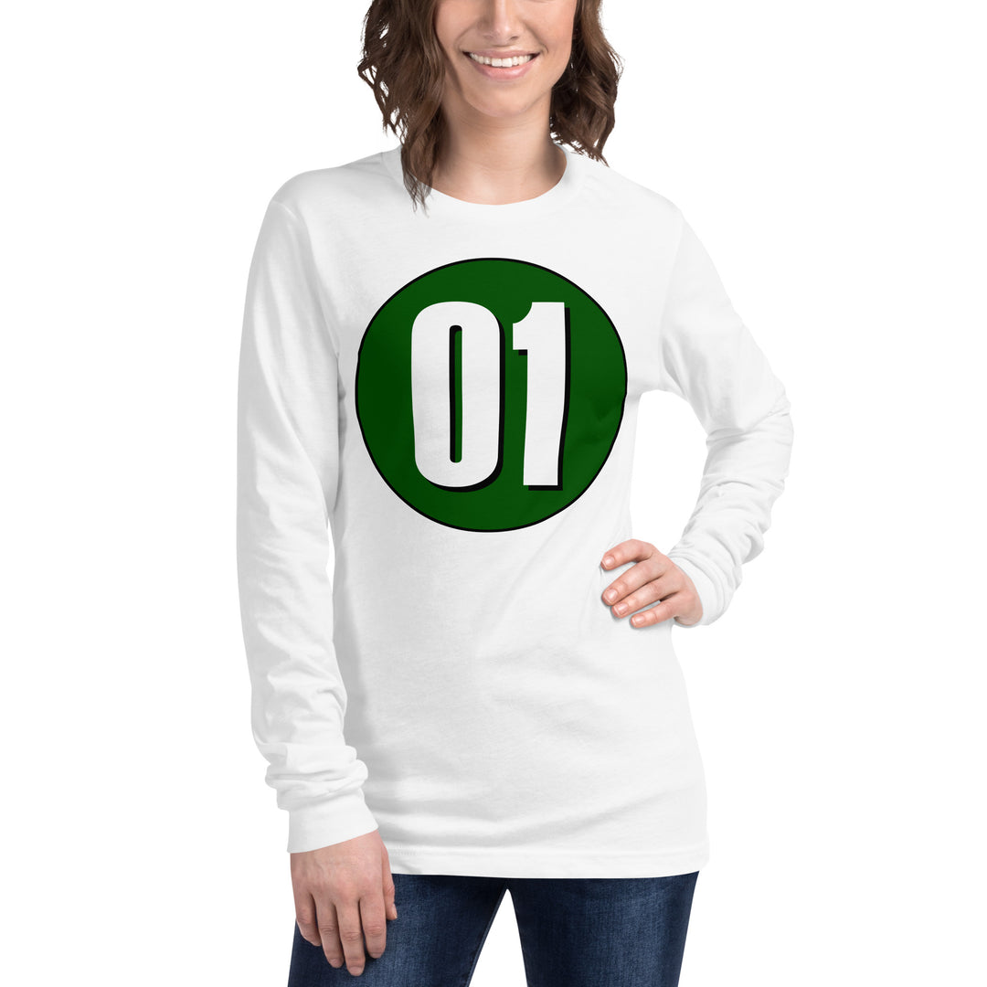 Unisex Long Sleeve Tee: White on Hunter Green 01