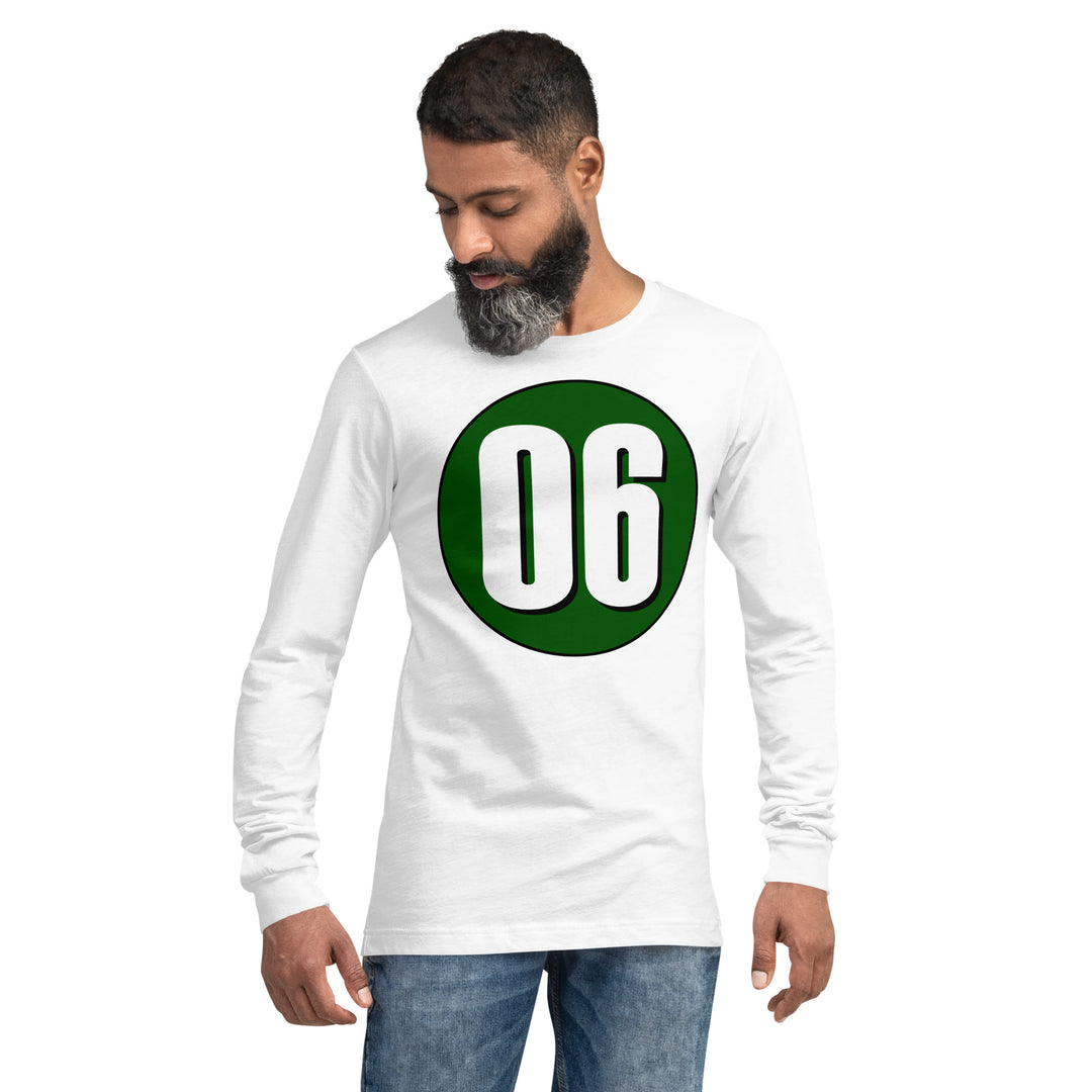 Unisex Long Sleeve Tee: White on Hunter Green 06