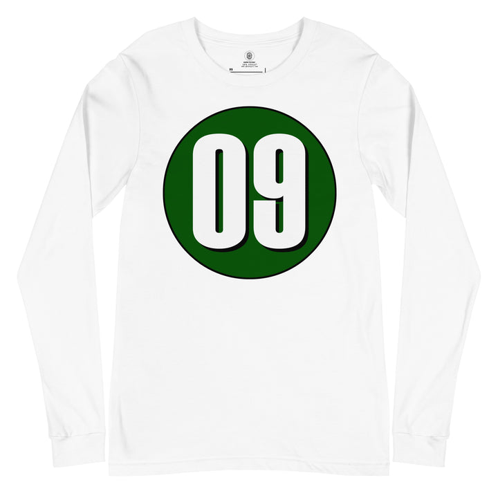 Unisex Long Sleeve Tee: White on Hunter Green 09