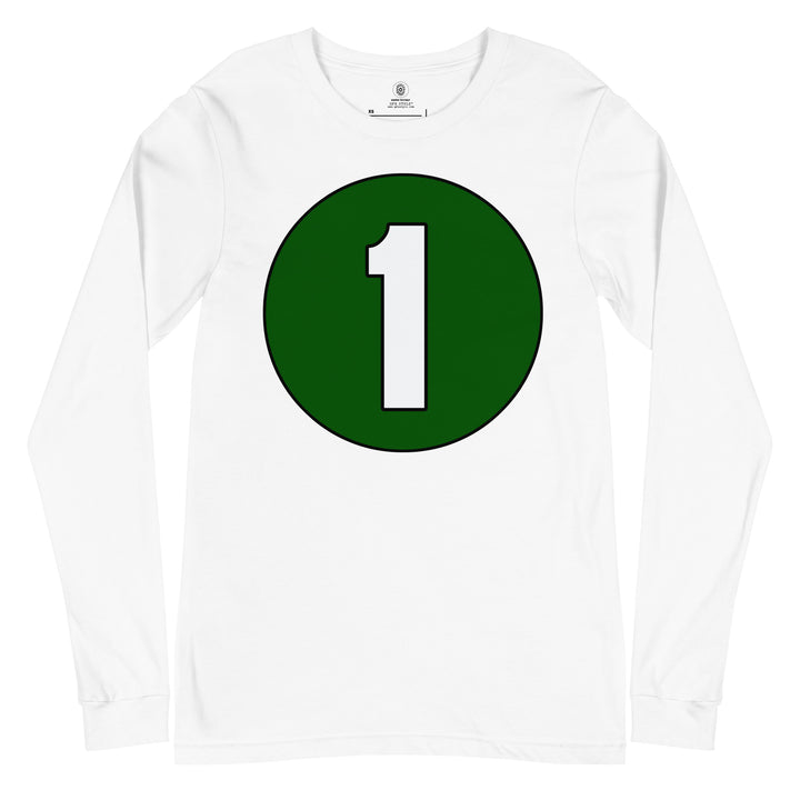 Unisex Long Sleeve Tee: White on Hunter Green 1