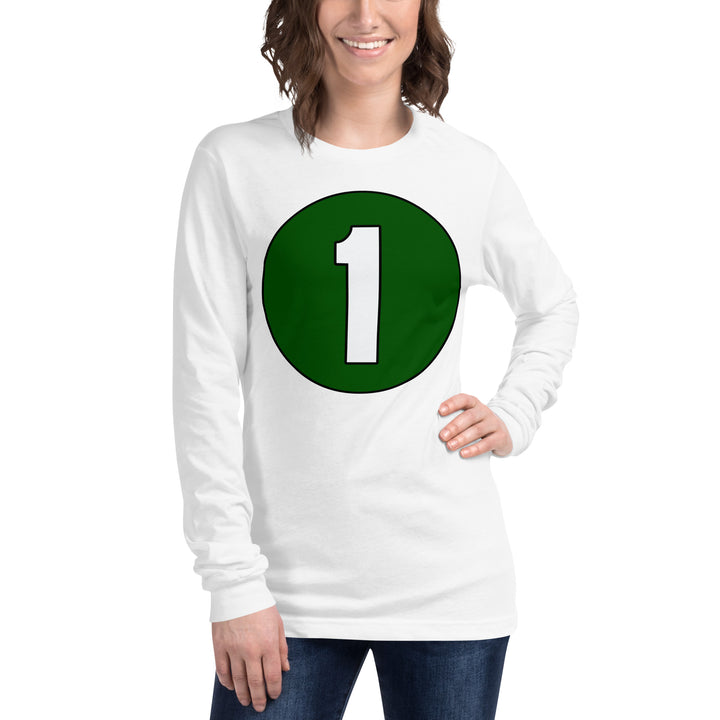 Unisex Long Sleeve Tee: White on Hunter Green 1