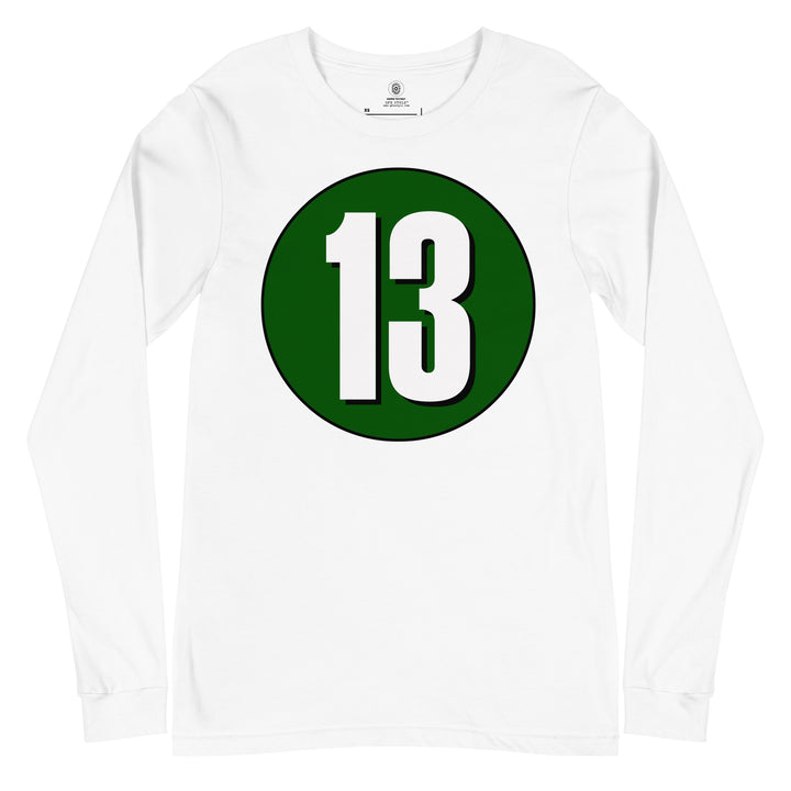 Unisex Long Sleeve Tee: White on Hunter Green 13