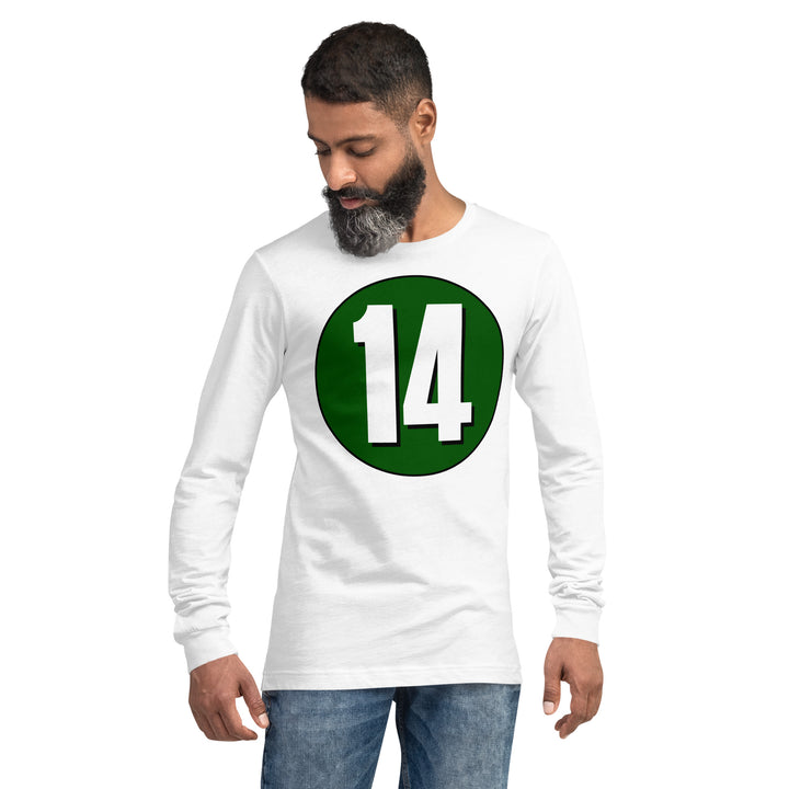 Unisex Long Sleeve Tee: White on Hunter Green 14