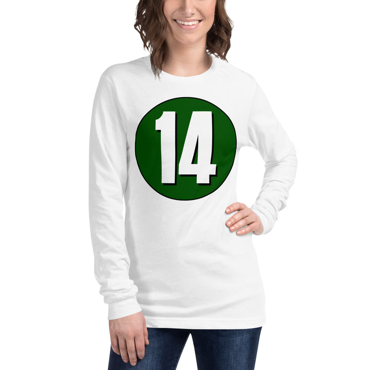 Unisex Long Sleeve Tee: White on Hunter Green 14