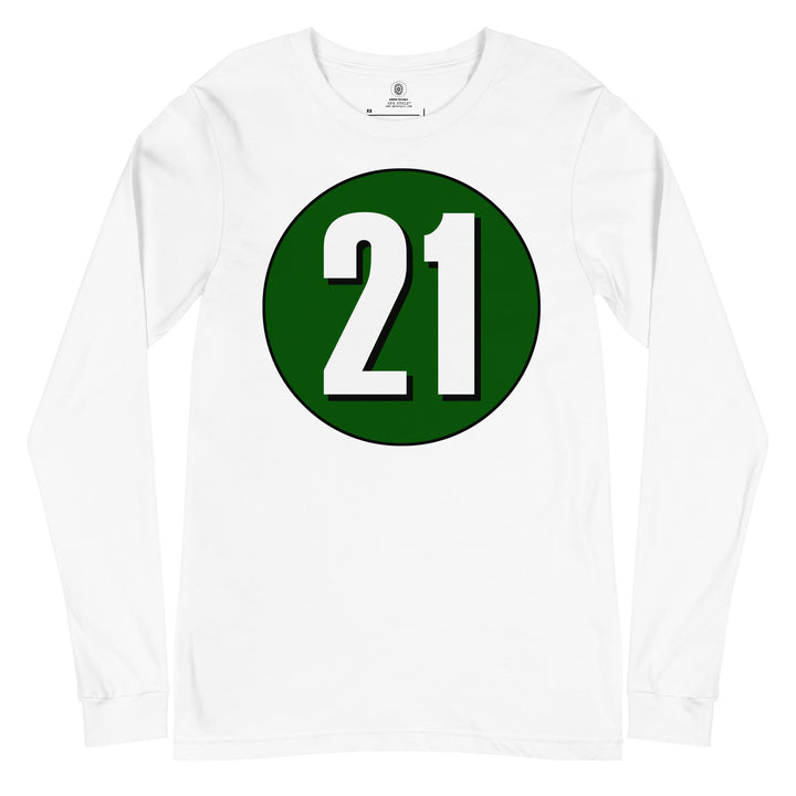 Unisex Long Sleeve Tee: White on Hunter Green 21