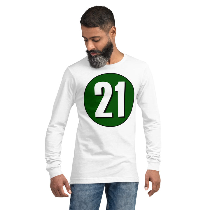 Unisex Long Sleeve Tee: White on Hunter Green 21