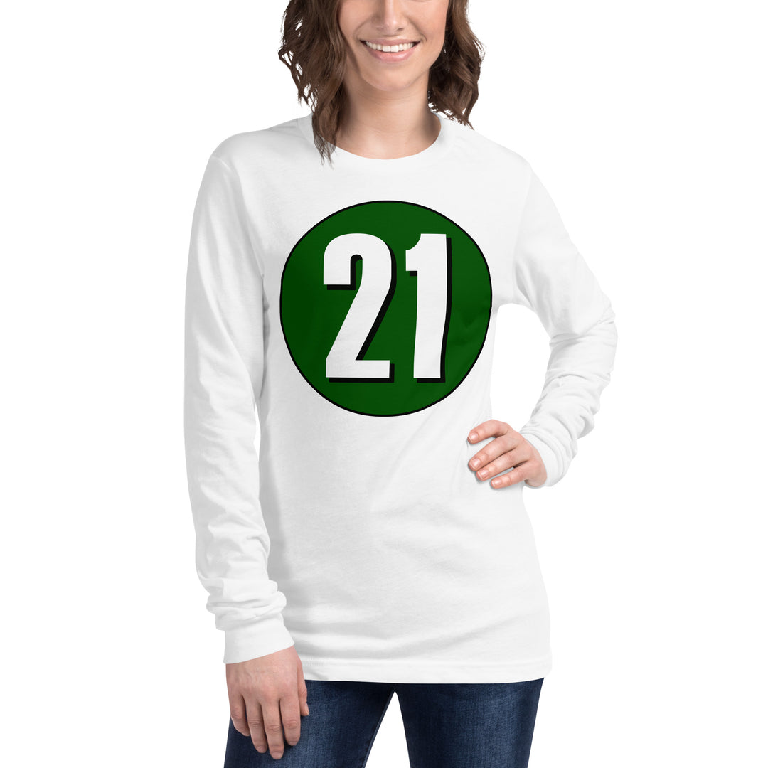 Unisex Long Sleeve Tee: White on Hunter Green 21