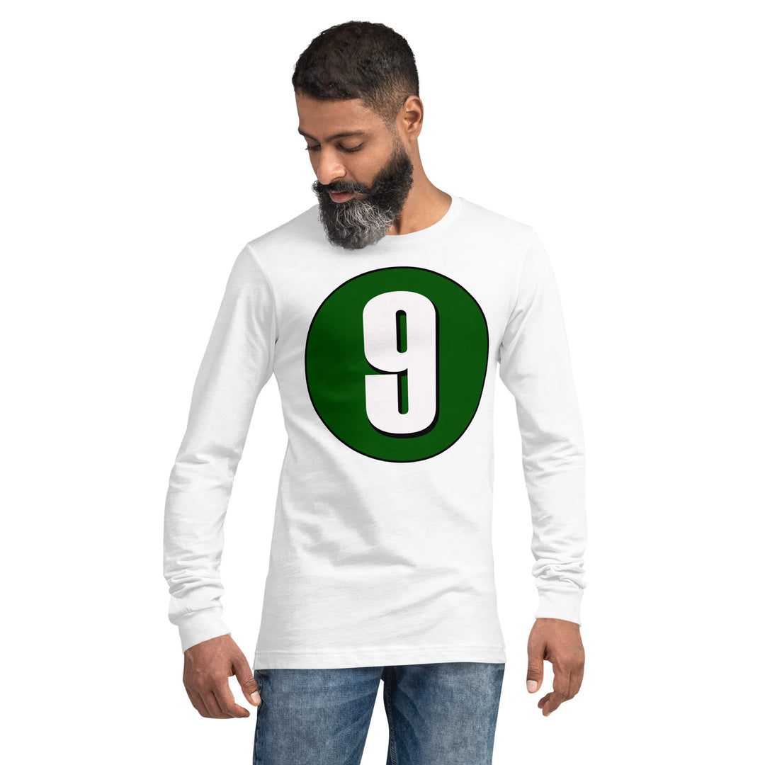 Unisex Long Sleeve Tee: White on Hunter Green 9