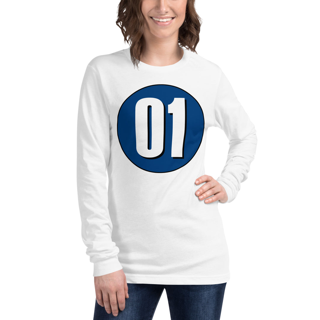 Unisex Long Sleeve Tee: White on Navy Blue 01