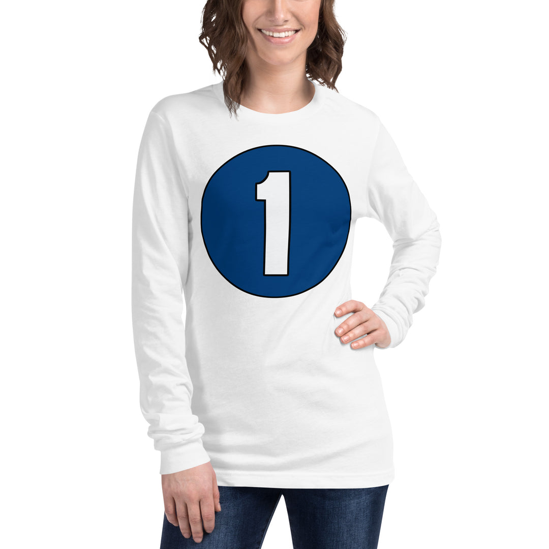 Unisex Long Sleeve Tee: White on Navy Blue 1