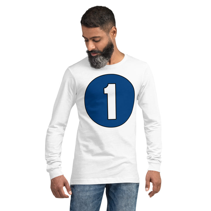 Unisex Long Sleeve Tee: White on Navy Blue 1