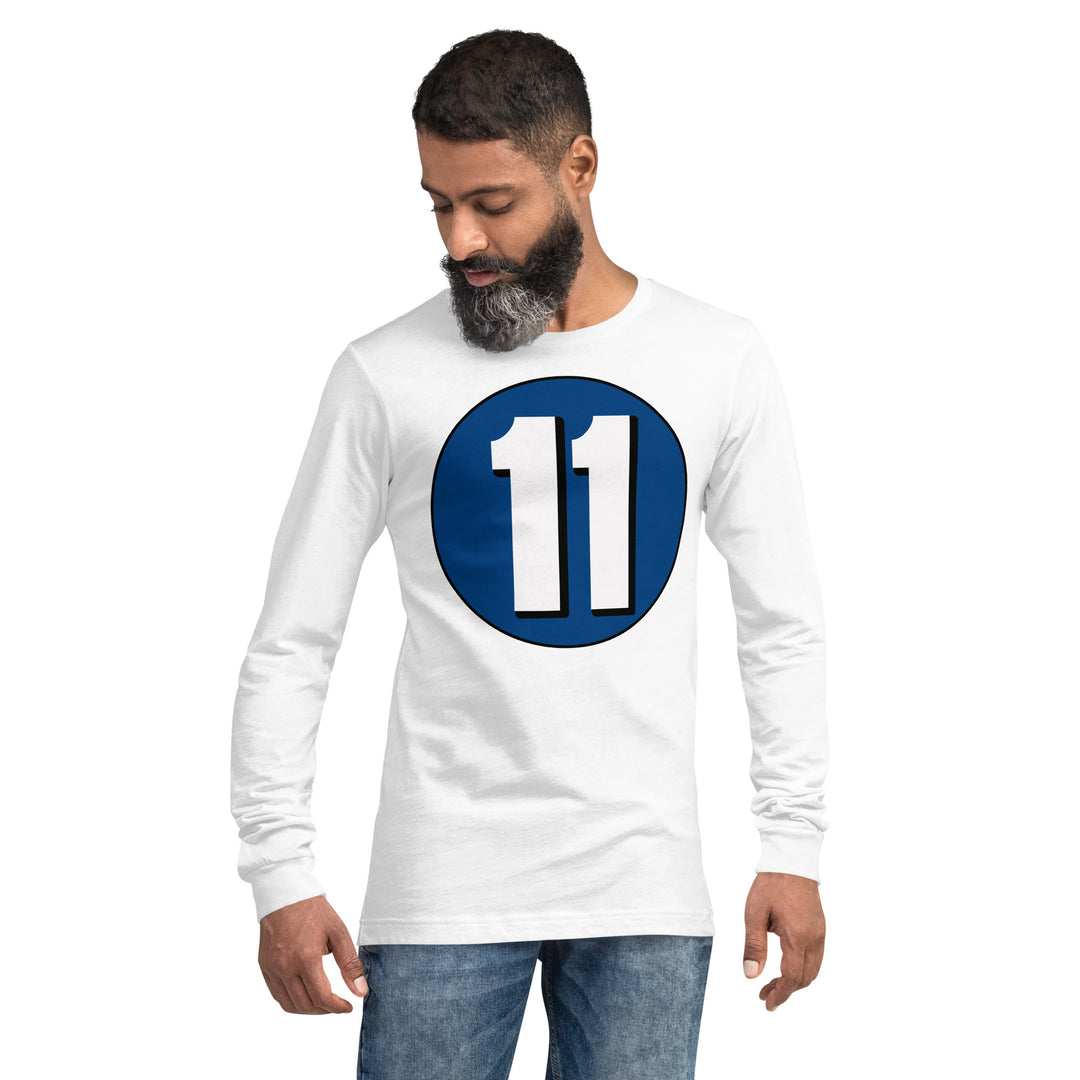 Unisex Long Sleeve Tee: White on Navy Blue 11