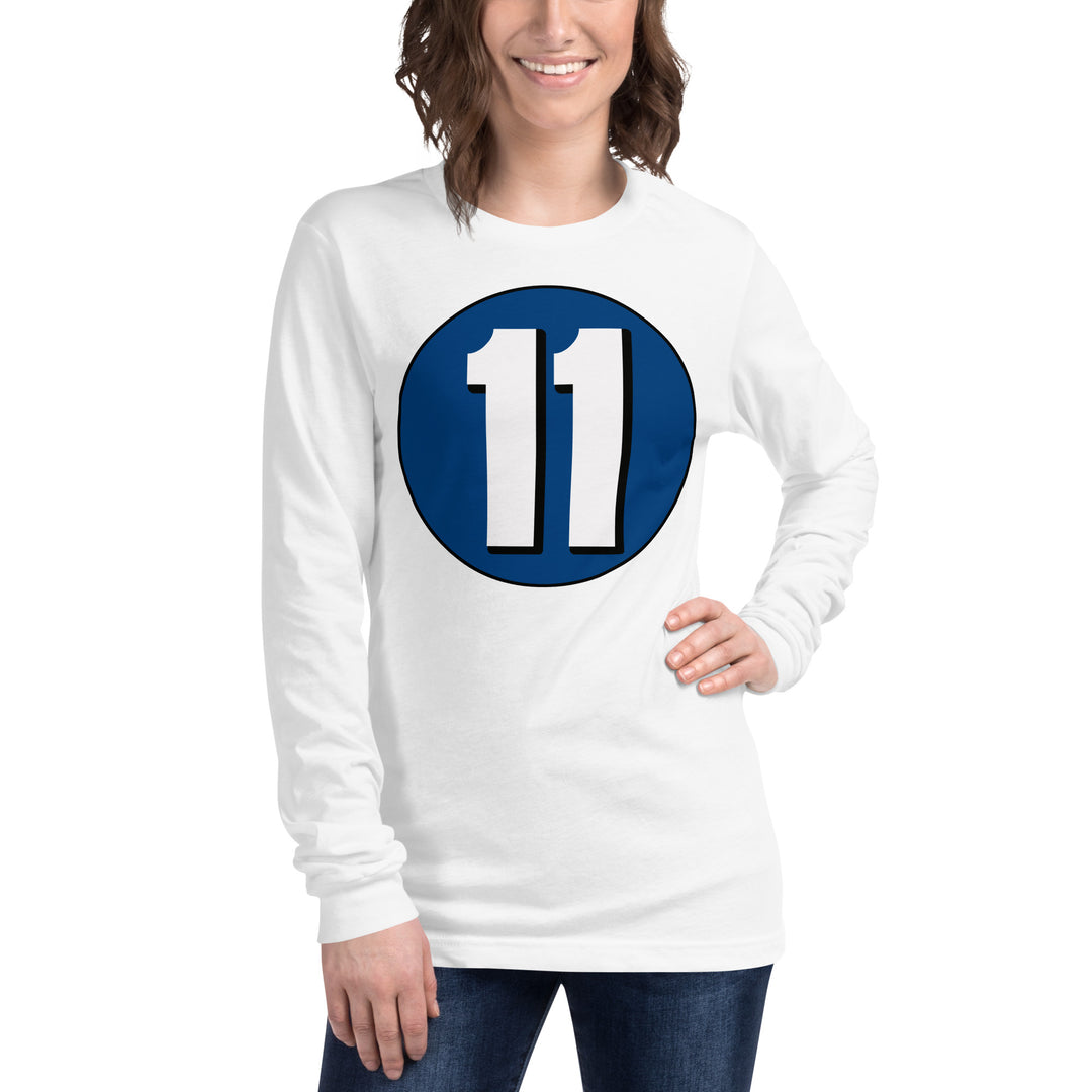 Unisex Long Sleeve Tee: White on Navy Blue 11