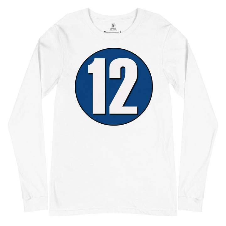 Unisex Long Sleeve Tee: White on Navy Blue 12