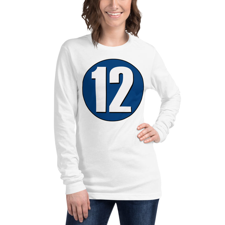 Unisex Long Sleeve Tee: White on Navy Blue 12