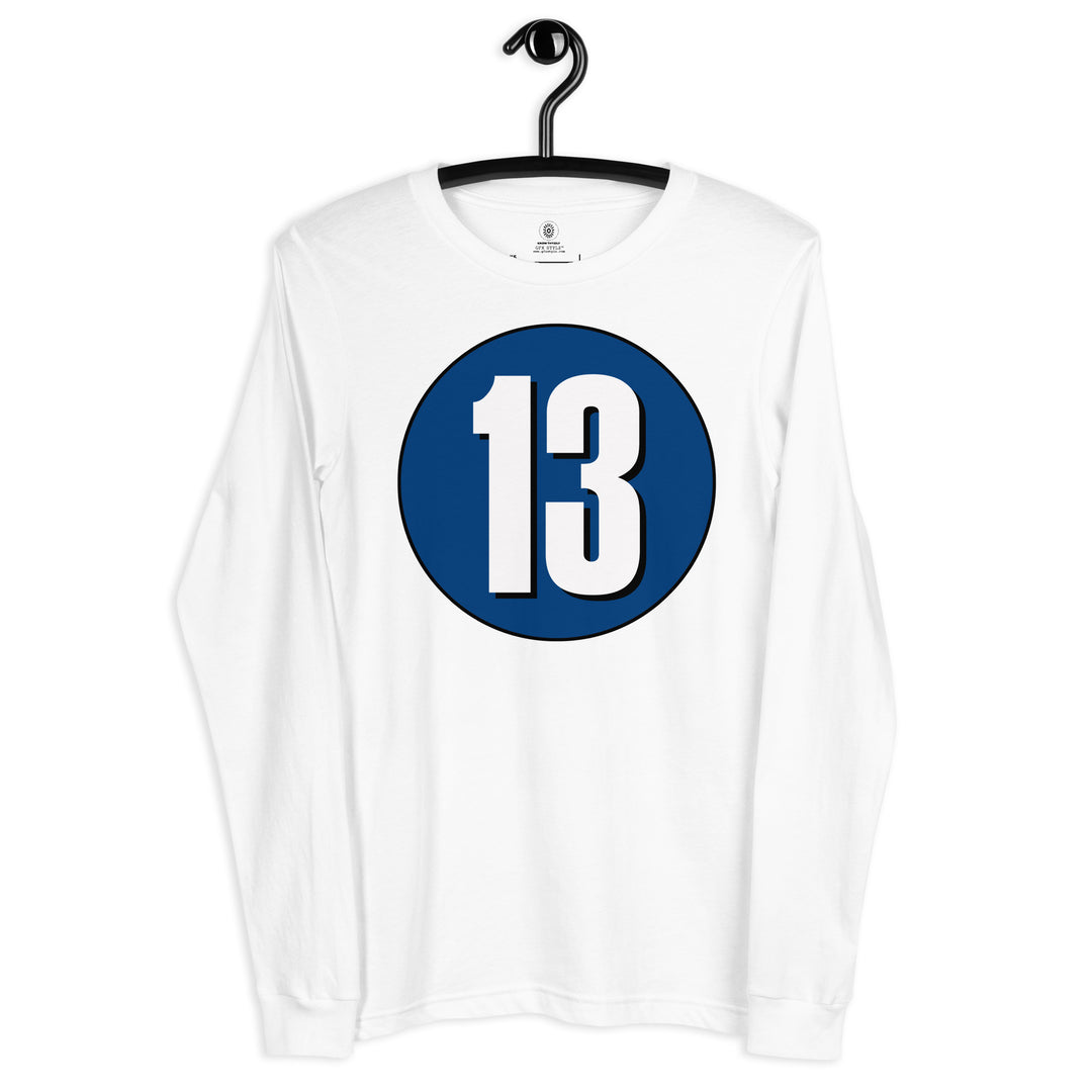 Unisex Long Sleeve Tee: White on Navy Blue 13