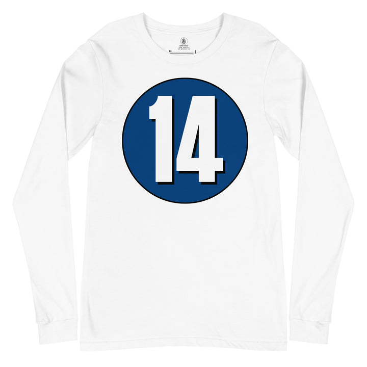 Unisex Long Sleeve Tee: White on Navy Blue 14