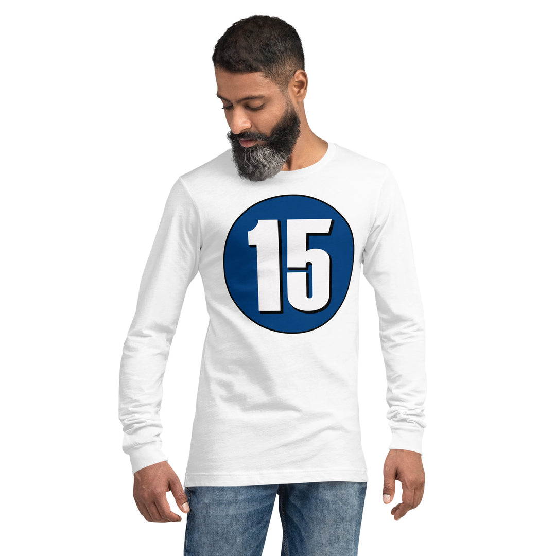 Unisex Long Sleeve Tee: White on Navy Blue 15