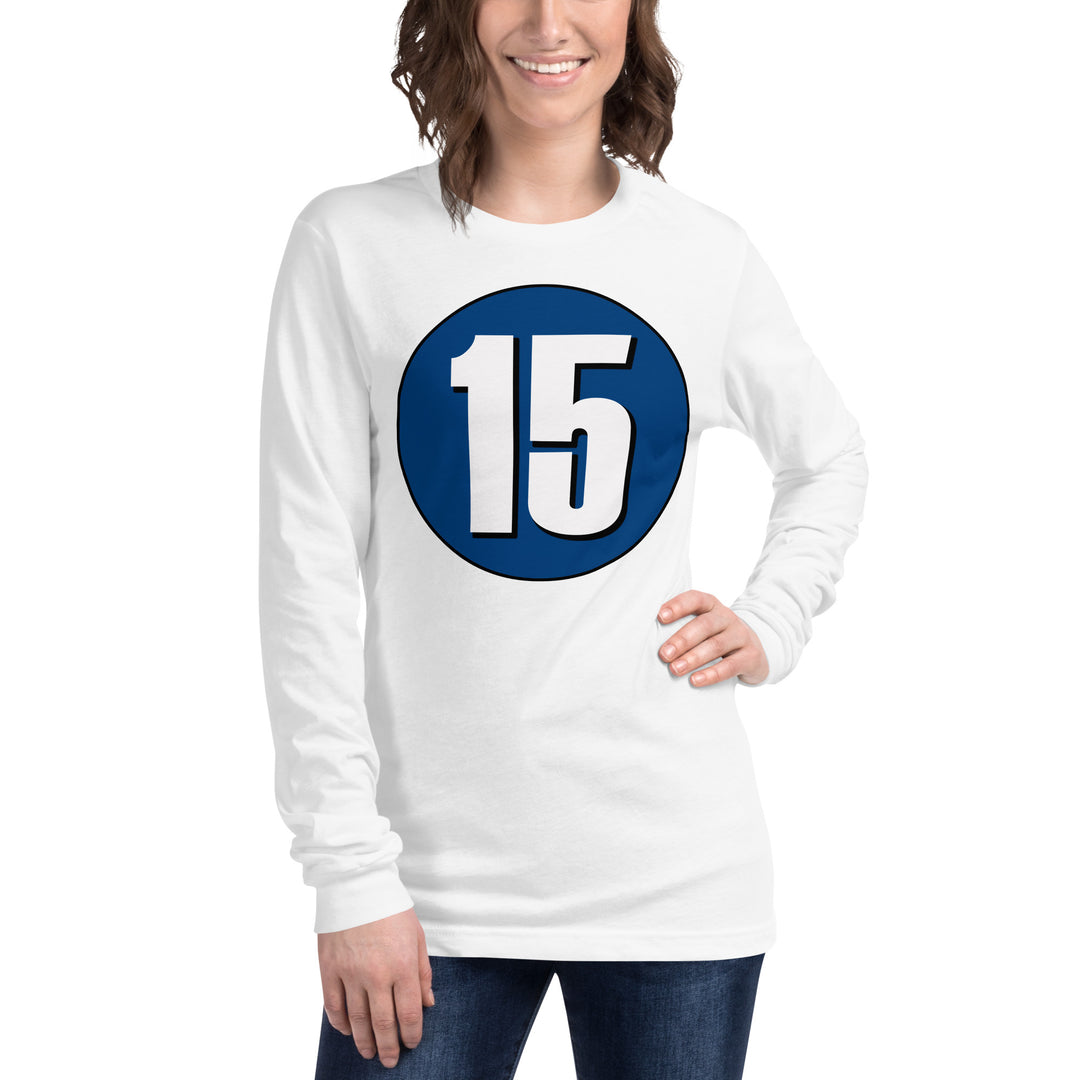 Unisex Long Sleeve Tee: White on Navy Blue 15