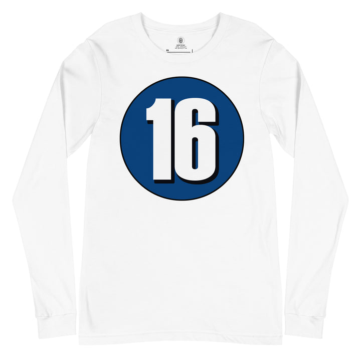 Unisex Long Sleeve Tee: White on Navy Blue 16