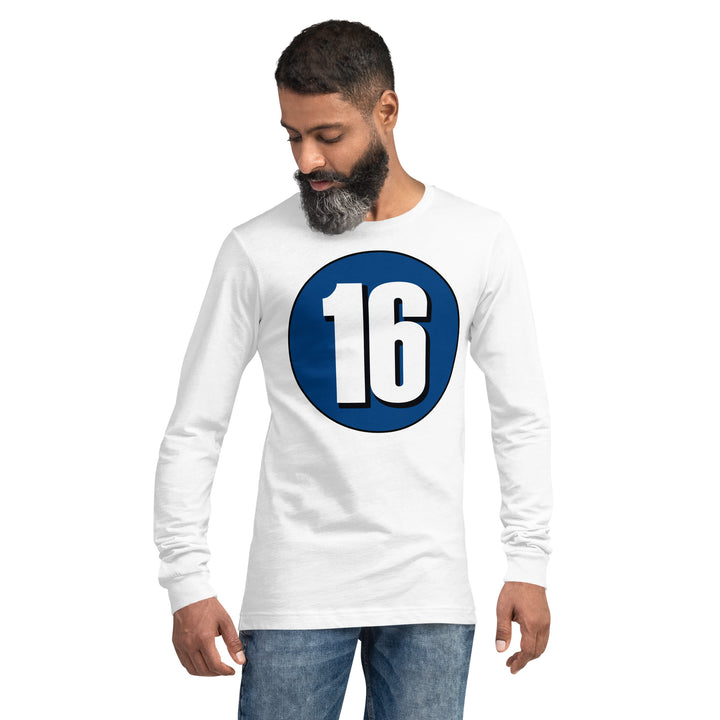 Unisex Long Sleeve Tee: White on Navy Blue 16